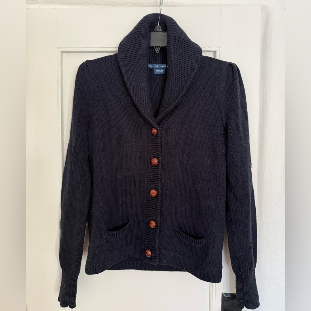 Ralph Lauren Blue Label Navy Shawl Collar Cotton Cardigan Women’s Large - Picture 1 of 7